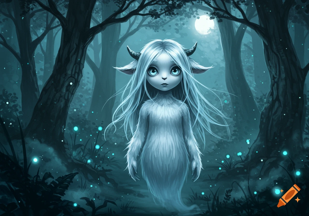 A cute, white, furry creature with horns and long hair stands in a mystical, blue-toned forest under a full moon.