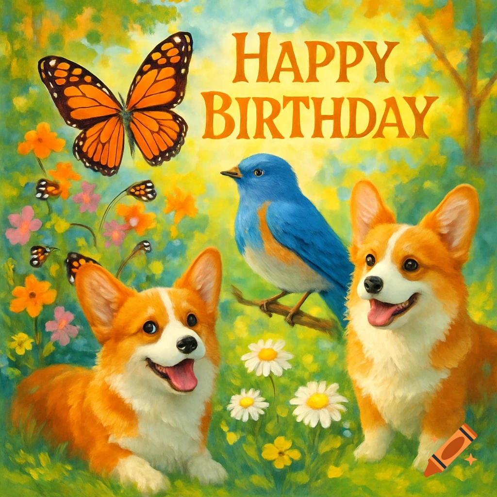 Two happy corgis in a field of flowers with a monarch butterfly and bluebird, under 'HAPPY BIRTHDAY' text in a painterly style.