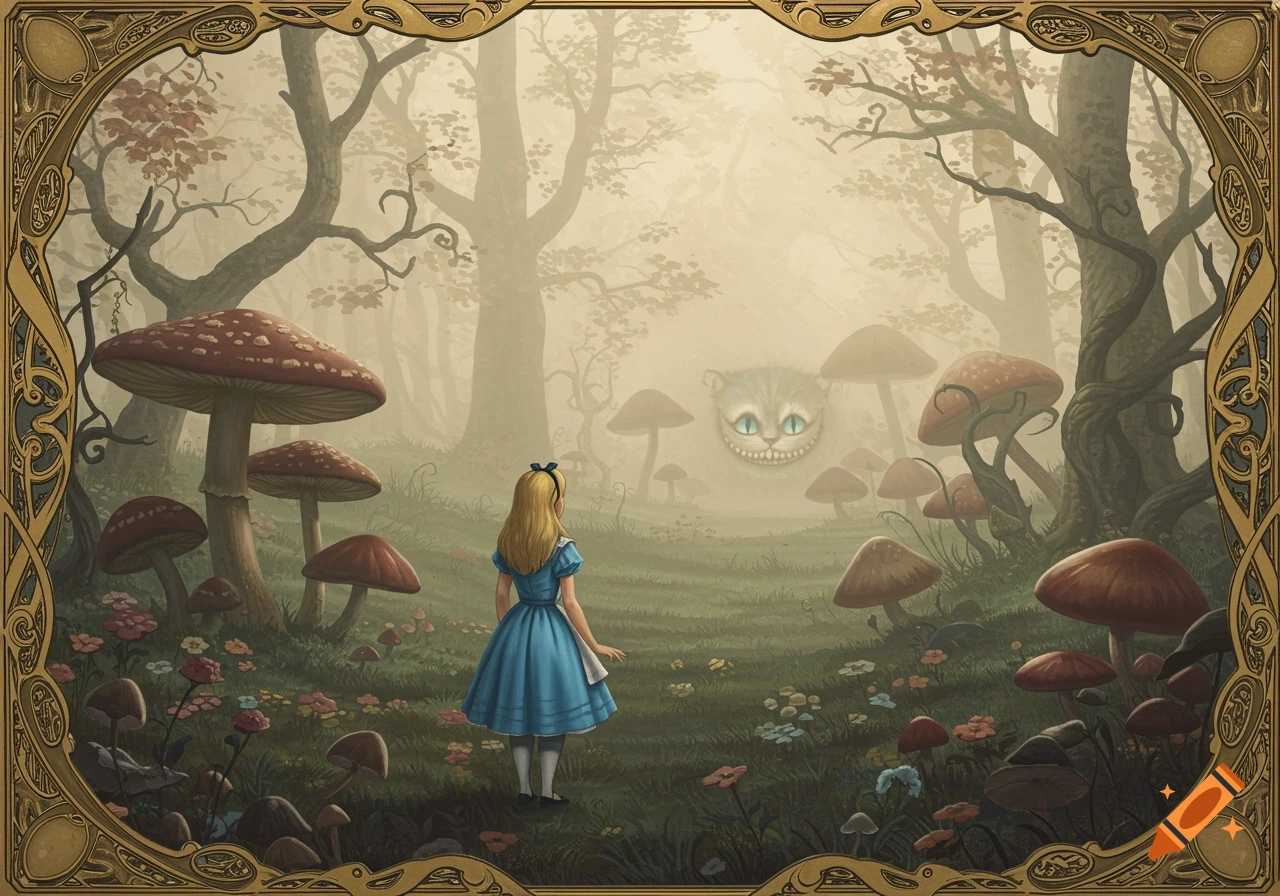 Alice, in a blue dress, stands in a misty, mushroom-filled forest, looking at the floating Cheshire Cat face, in a vintage illustration style with an ornate frame.
