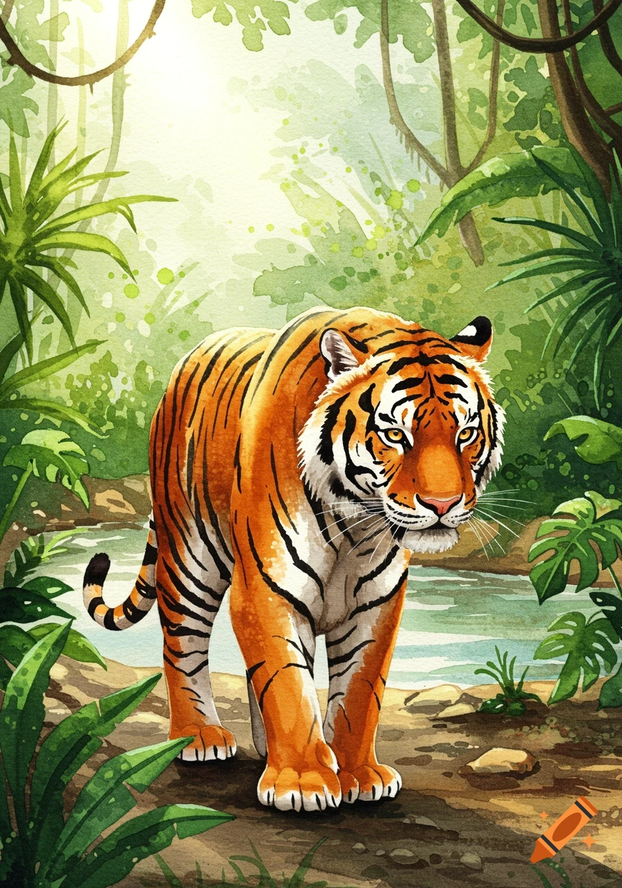 Watercolor painting of a tiger walking through a lush green jungle with a stream.
