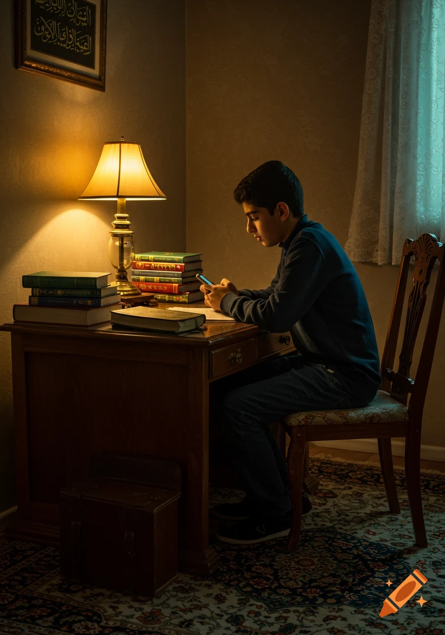A young boy sits at a wooden desk with a lamp and stacks of books, looking at his smartphone in a dimly lit room.