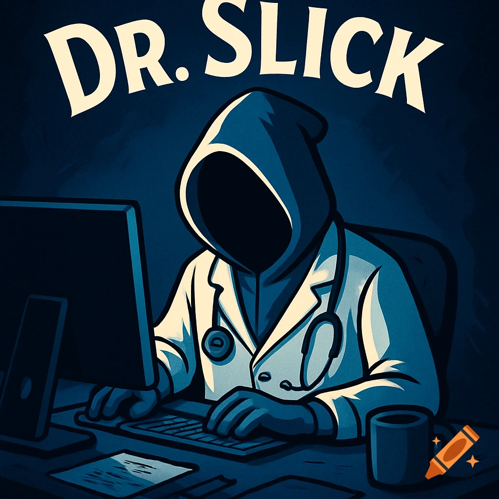 Cartoon illustration of a hooded figure in a doctor's coat at a computer, with 'DR. SLICK' text above.