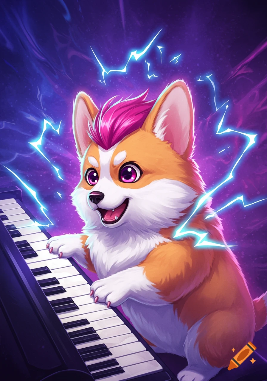 A cute cartoon corgi with pink anime hair plays a piano with lightning bolts around it.