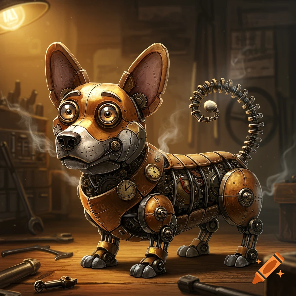 A detailed steampunk corgi dog made of gears and springs, standing in a workshop with a glowing lamp overhead.