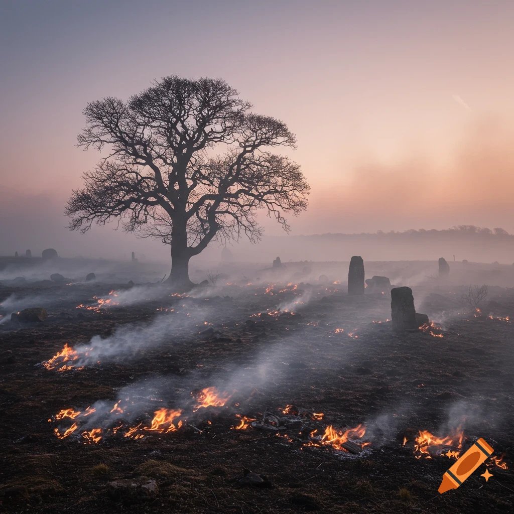A dramatic landscape at dawn with a silhouetted tree, mist, and small fires burning on the ground.