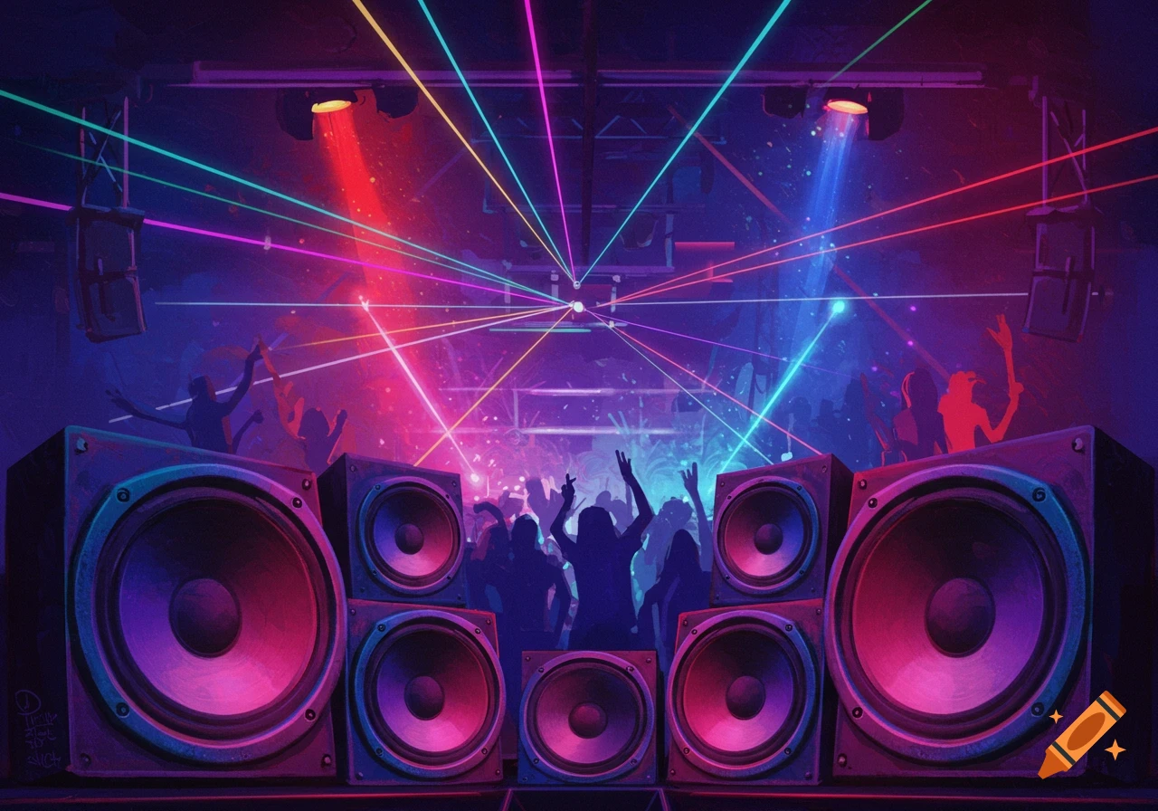 Lively club scene with large speakers, silhouetted people dancing, and colorful neon laser lights.