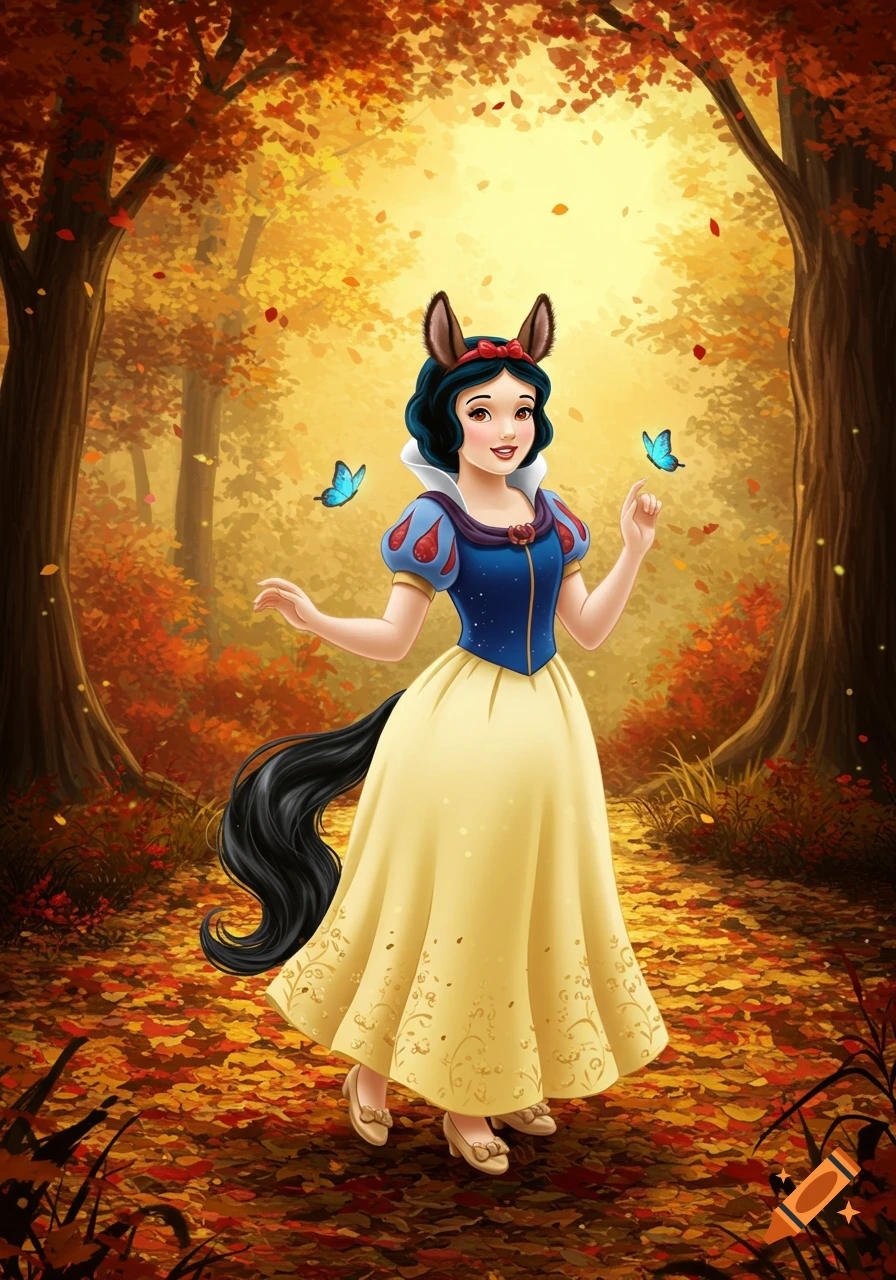 Snow White with horse ears and a long black tail stands in a vibrant autumn forest surrounded by falling leaves and butterflies, in a digital painting style.