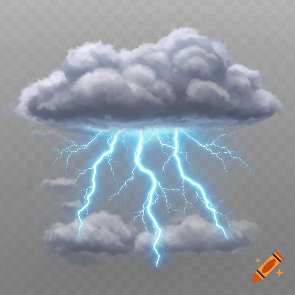 A gray storm cloud with bright blue lightning bolts striking down, on a transparent background.