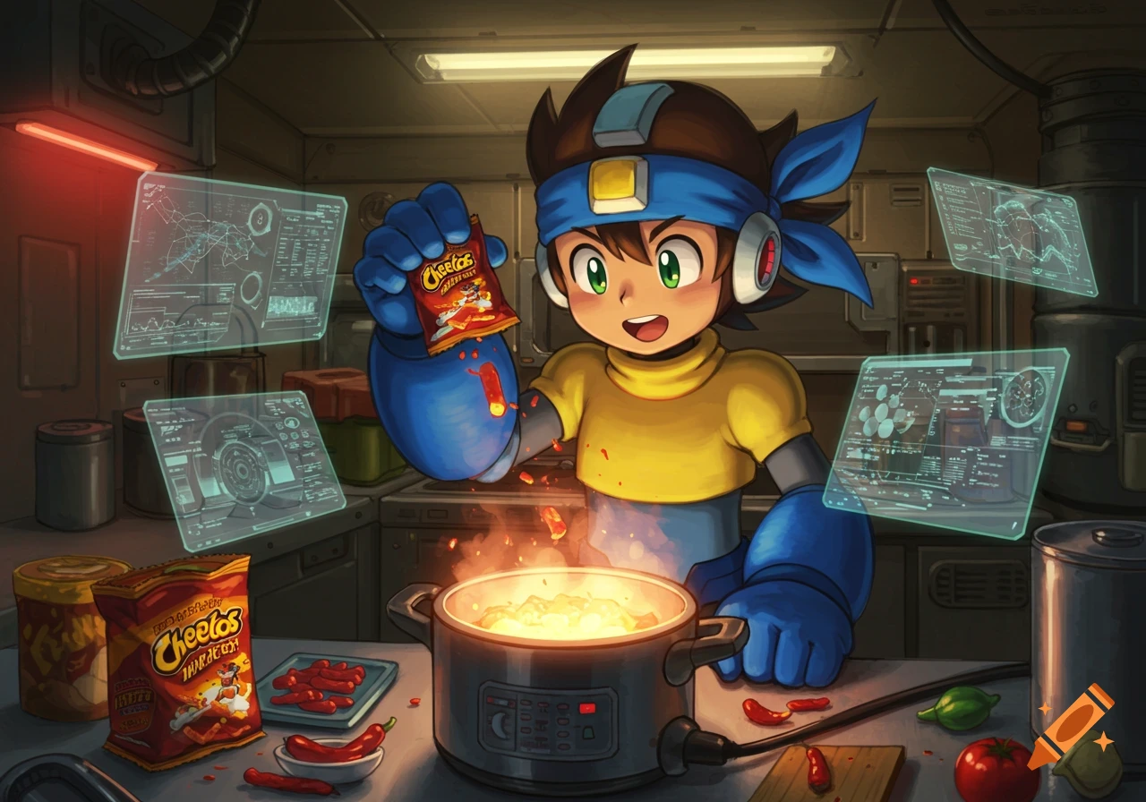 An anime character, Lan from Mega Man, cooks in a futuristic kitchen, holding a bag of Cheetos over a steaming pot.