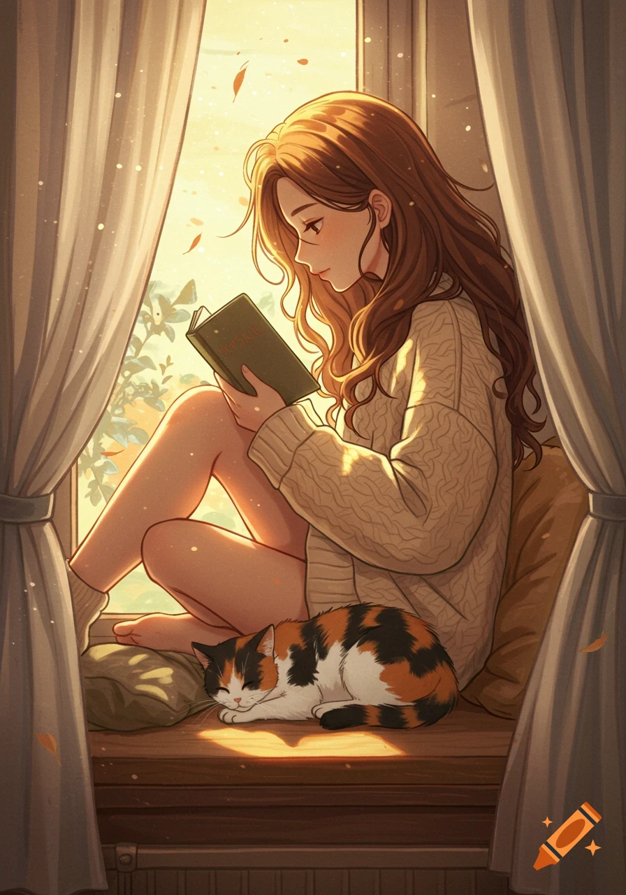Lofi anime illustration of a girl with long brown hair reading by a sunlit window, a calico cat sleeping nearby.