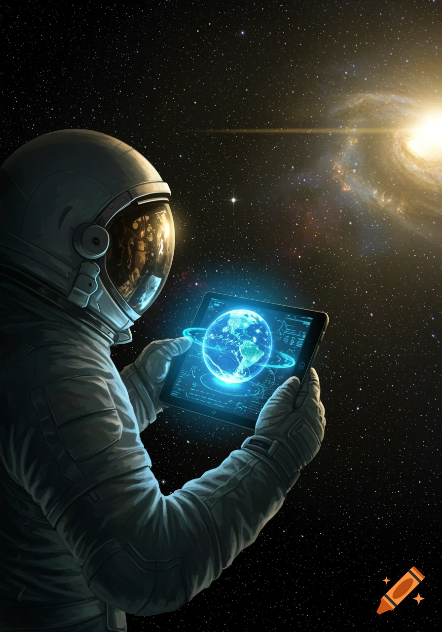An astronaut in a spacesuit holds a tablet displaying a glowing, holographic Earth, set against a dark starry sky with a bright galaxy.