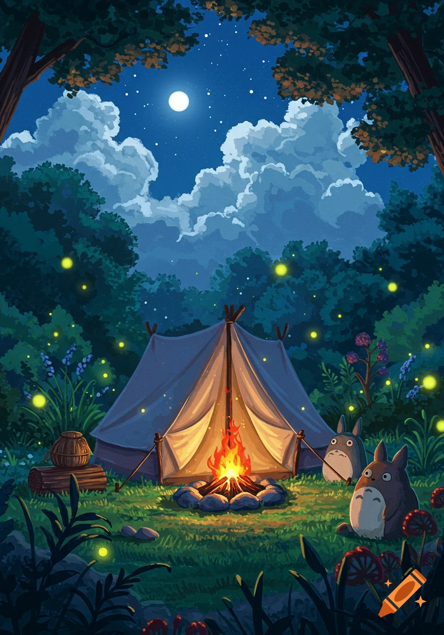 A serene night scene in a forest with a glowing tent, crackling campfire, and two Totoro creatures, in a Studio Ghibli style.