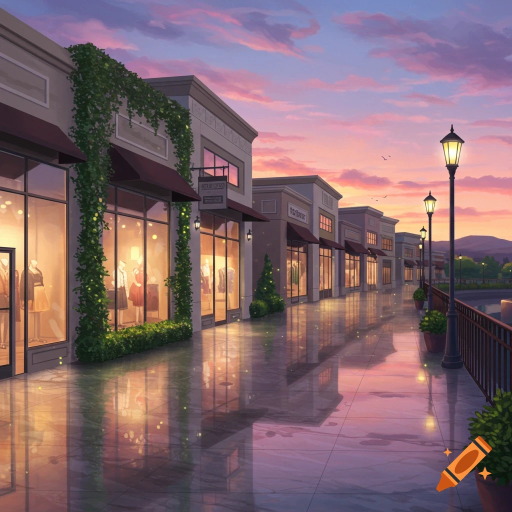 An anime-style illustration of an outdoor strip mall at sunset, with purple and orange skies reflected on the wet pavement.