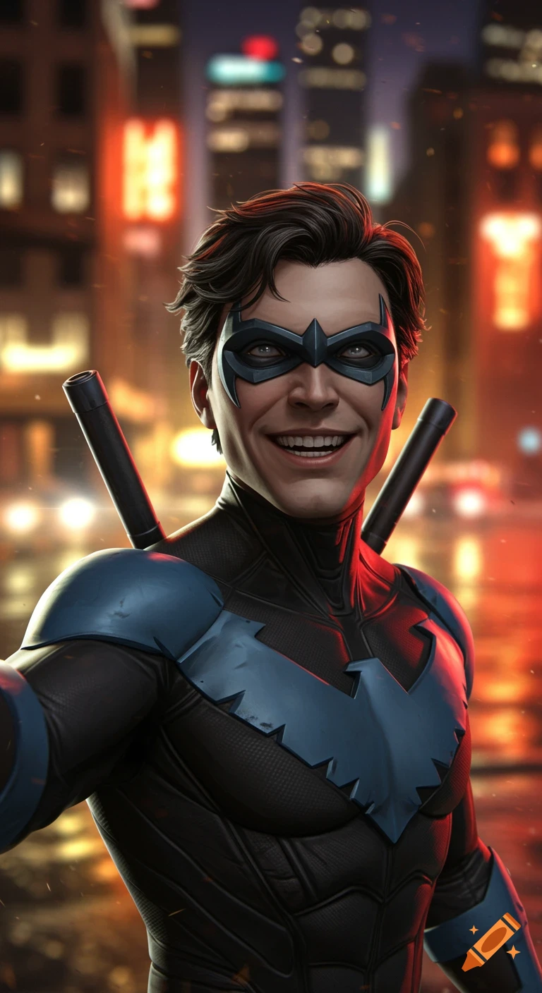 Nightwing takes a selfie with a wide smile, wearing his black and blue suit, against a blurry, neon-lit city background at night.