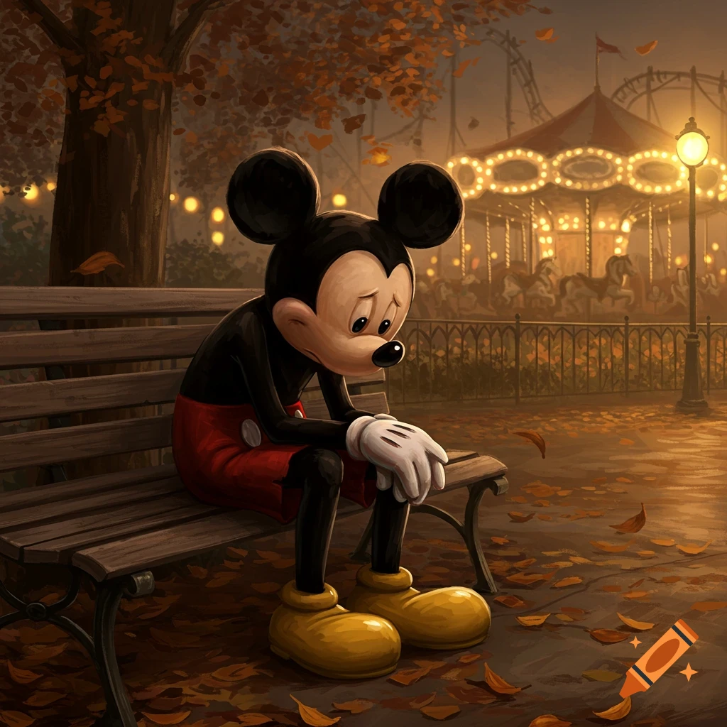 Mickey Mouse sits sadly on a park bench surrounded by fallen autumn leaves, with a brightly lit carousel and lamppost in the background.