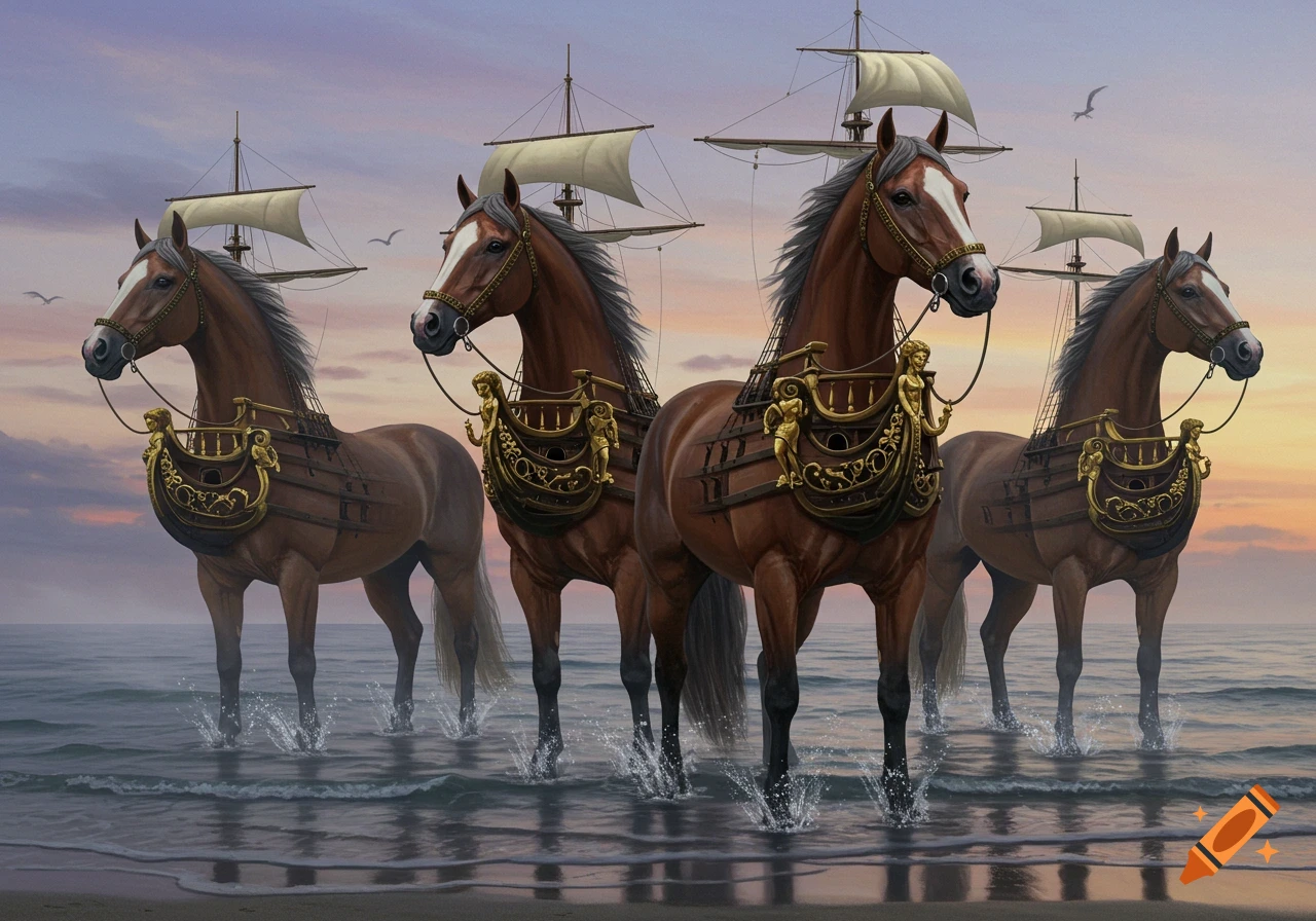 Four brown horses with large, ornate ship-like structures on their backs stand in shallow ocean water at sunset.