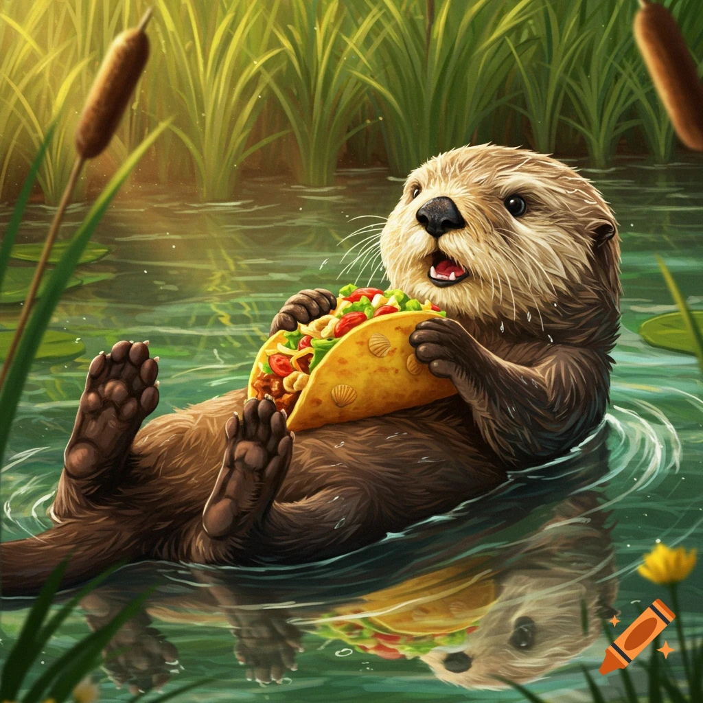 An illustrated otter floats on its back in water surrounded by reeds, happily eating a taco.