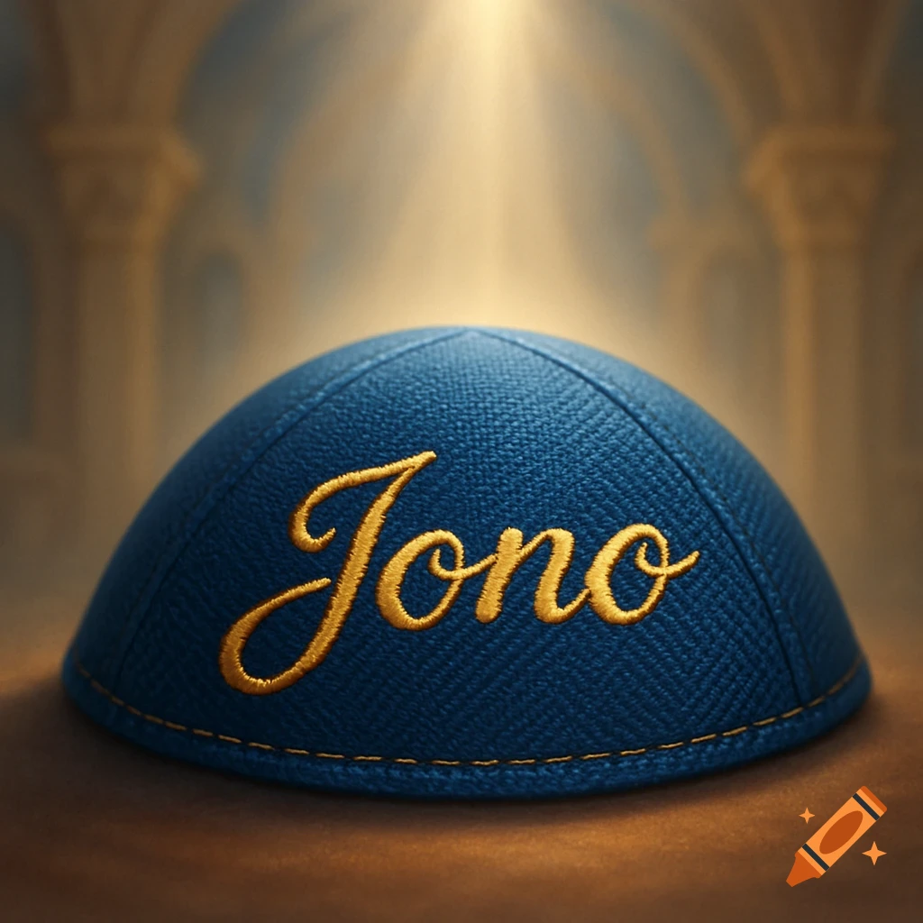 Photorealistic close-up of a blue kippah with 'Jono' embroidered in gold script, set against a blurred, warmly lit indoor background.