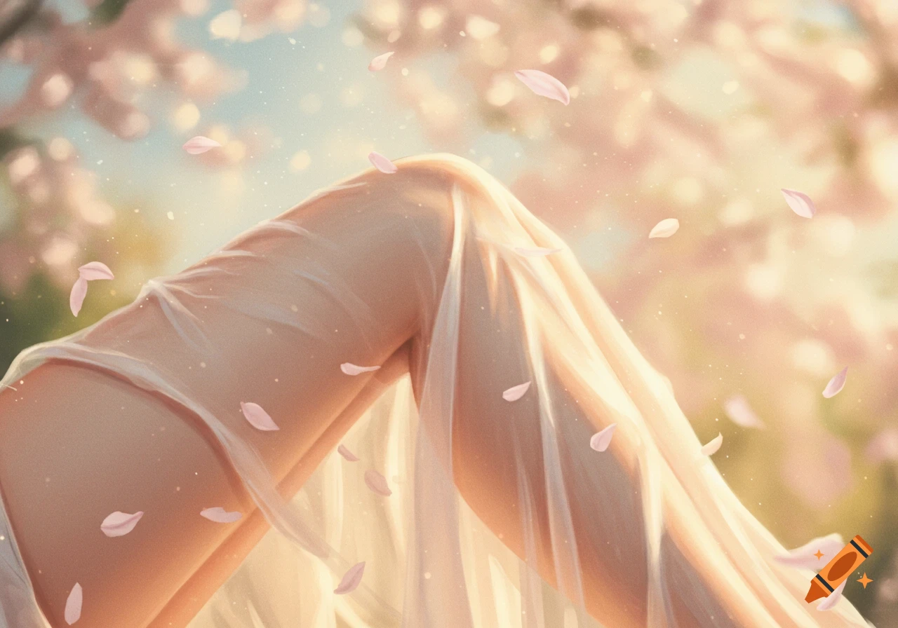 Close-up of a leg draped in sheer fabric, with pink cherry blossom petals falling in soft light.