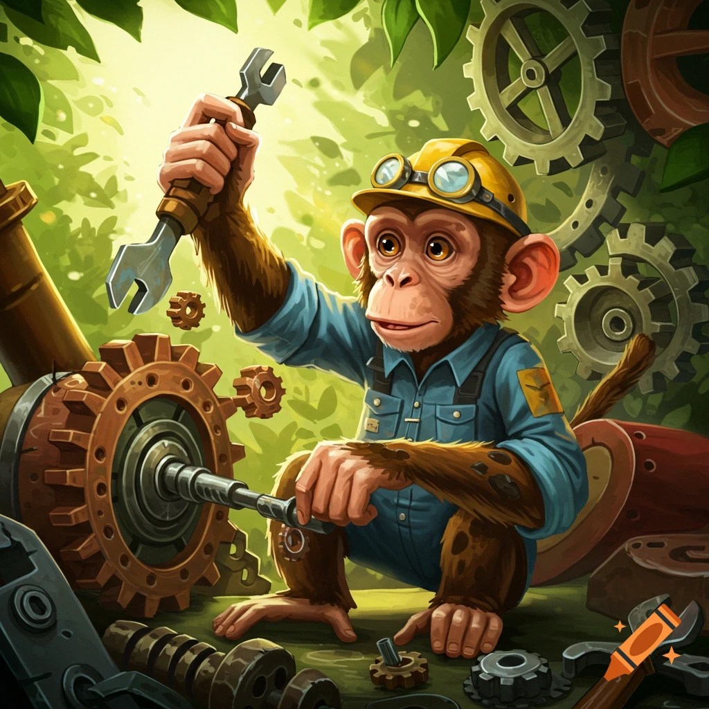 A cartoon monkey wearing a hard hat and goggles fixes machinery with wrenches and gears in a lush, sunlit forest.