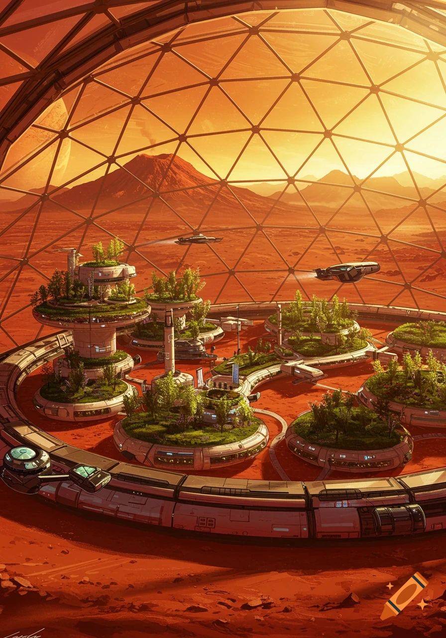 A futuristic settlement on Mars, viewed from inside a geodesic dome, with circular structures containing greenery and small flying vehicles.