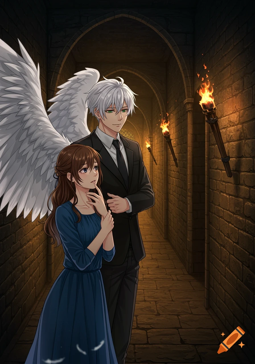 A white-haired man with large white wings in a suit stands with a brown-haired woman in a blue dress in a torch-lit medieval hallway in an anime style.