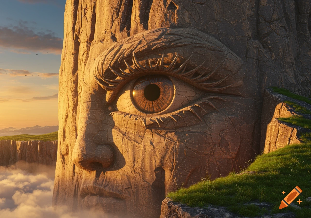 Close-up of a giant eye and face carved into a massive, cracked stone cliff overlooking a cloud-filled valley at sunset.