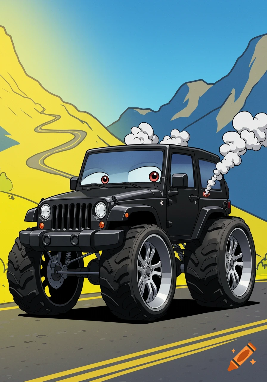 A cartoon black Jeep Wrangler character with big tires drives on a mountain road with smoke coming from the back.