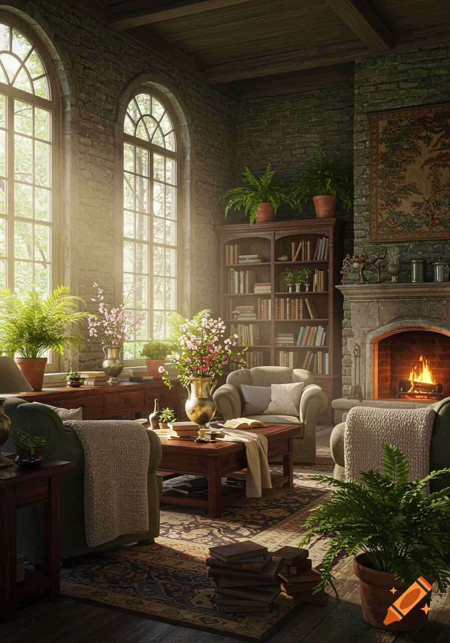 A sunlit, cozy living room with stone walls, arched windows, a fireplace, a bookshelf, and lush plants.