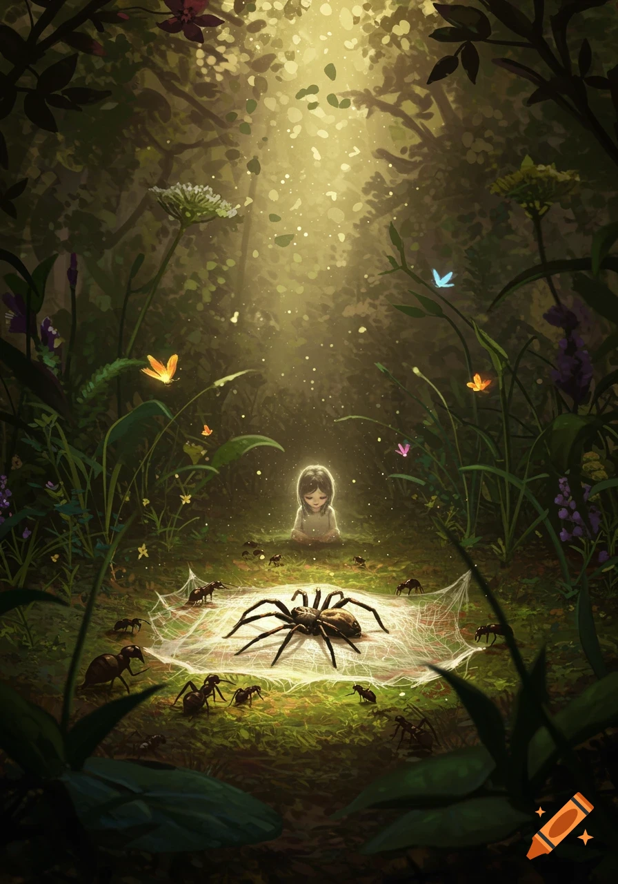 A small girl sits in a sunlit forest clearing, surrounded by a large spider on a web, ants, and glowing butterflies. Stylized illustration.