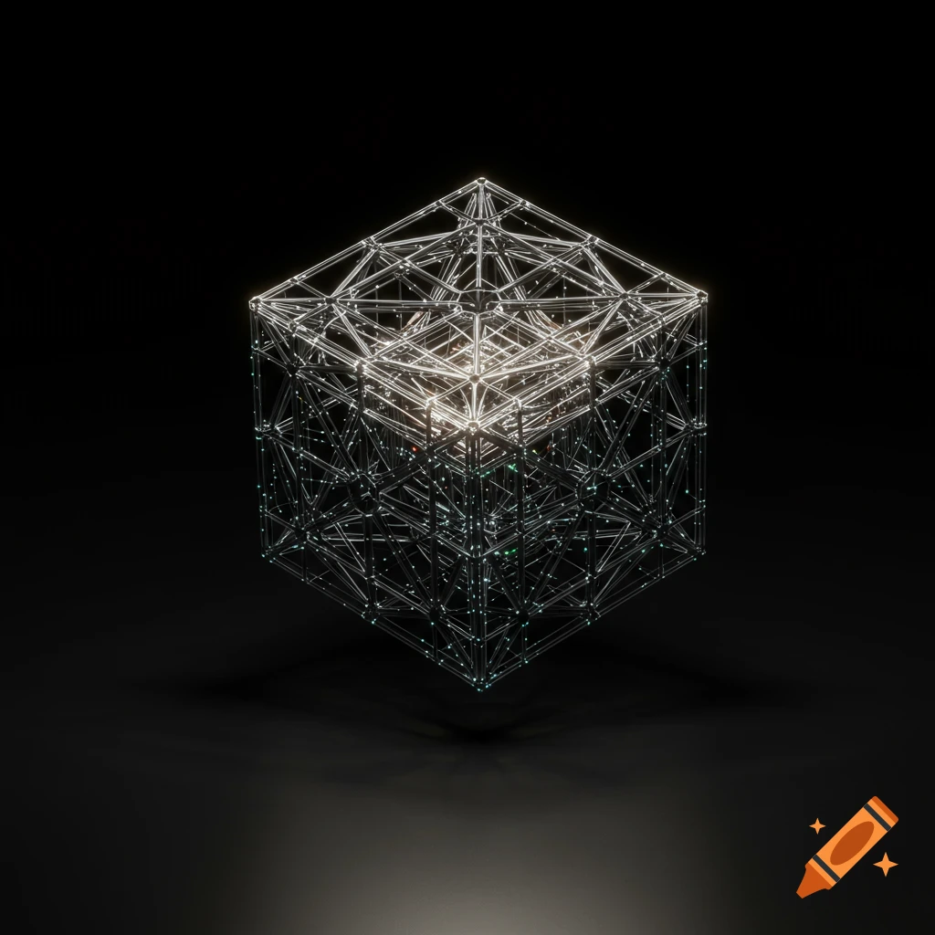 A glowing, intricate wireframe cube structure with internal supports, centered on a dark background.
