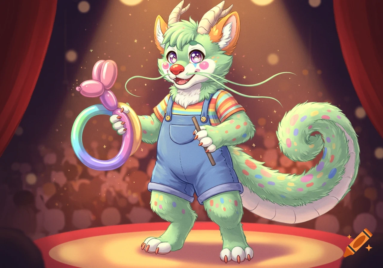 A kawaii anthropomorphic green dragon in clown makeup and overalls stands on a circus stage holding a balloon animal.