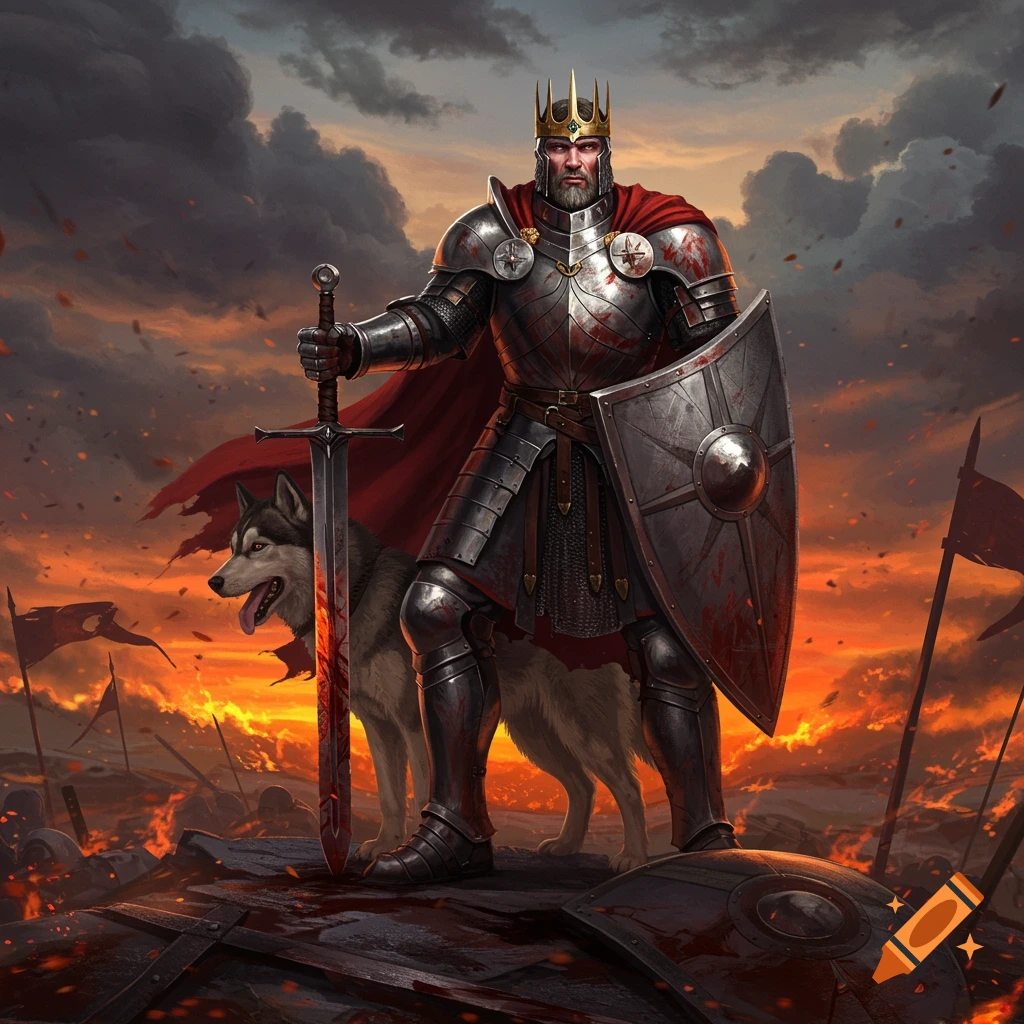 A formidable king in blood-stained armor, holding a sword and shield, stands with his husky on a fiery battlefield at sunset.