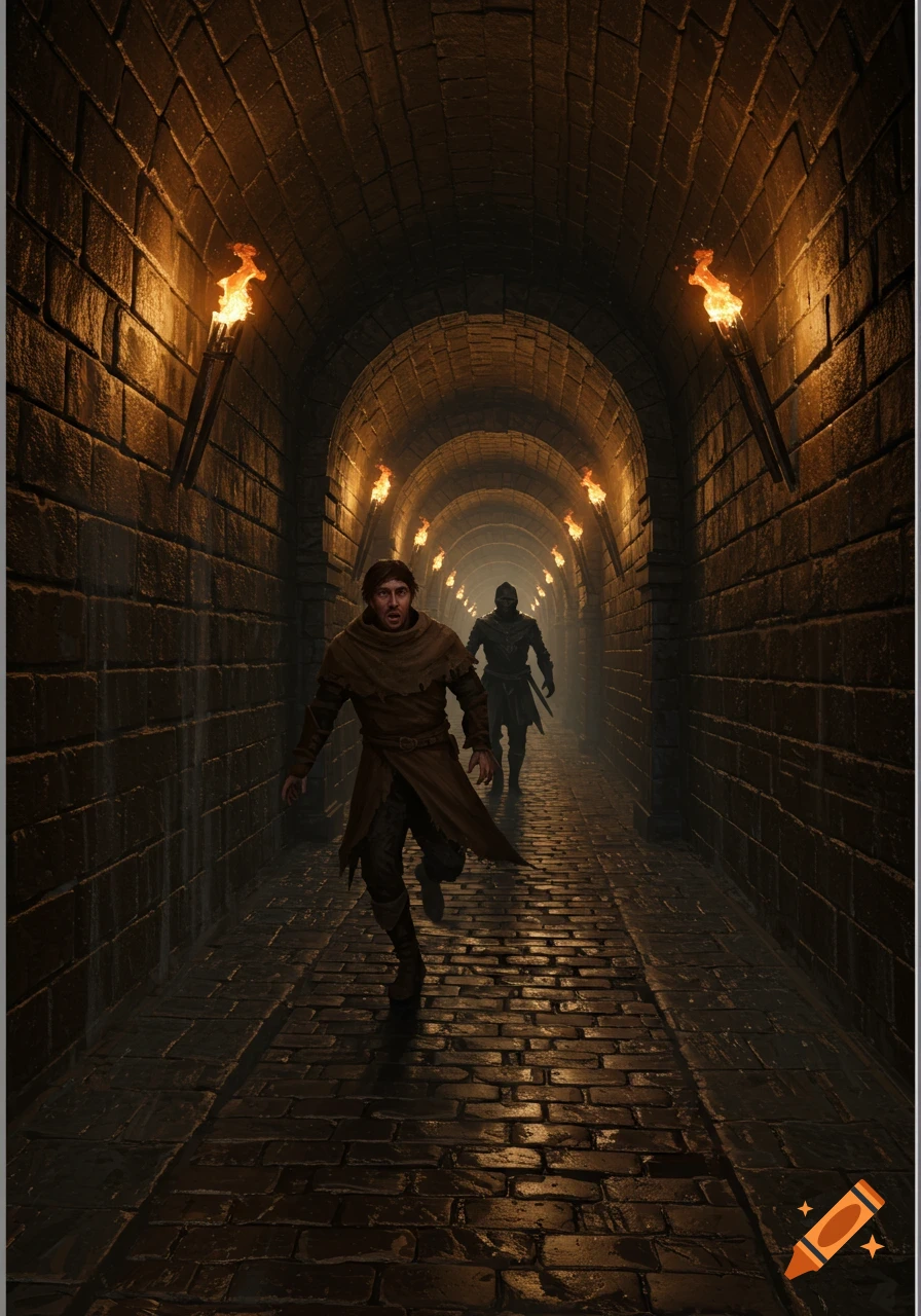 A man in a brown cloak runs through a torch-lit medieval stone tunnel, pursued by a silhouetted figure behind him.