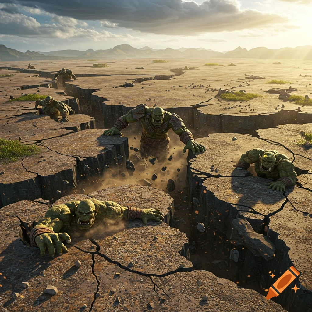 A photorealistic landscape of cracked, dry earth with several green-skinned orcs emerging from deep fissures, lit by a bright sun.