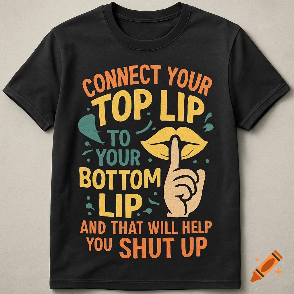 Black t-shirt with 'Connect your top lip to your bottom lip, and that will help you shut up' in orange and yellow text, featuring a finger over lips graphic.