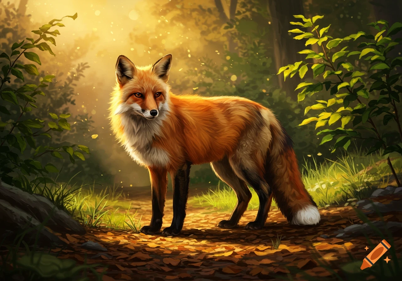 A red fox with a white-tipped tail stands in a sunlit forest with bright green leaves and fallen autumn foliage.