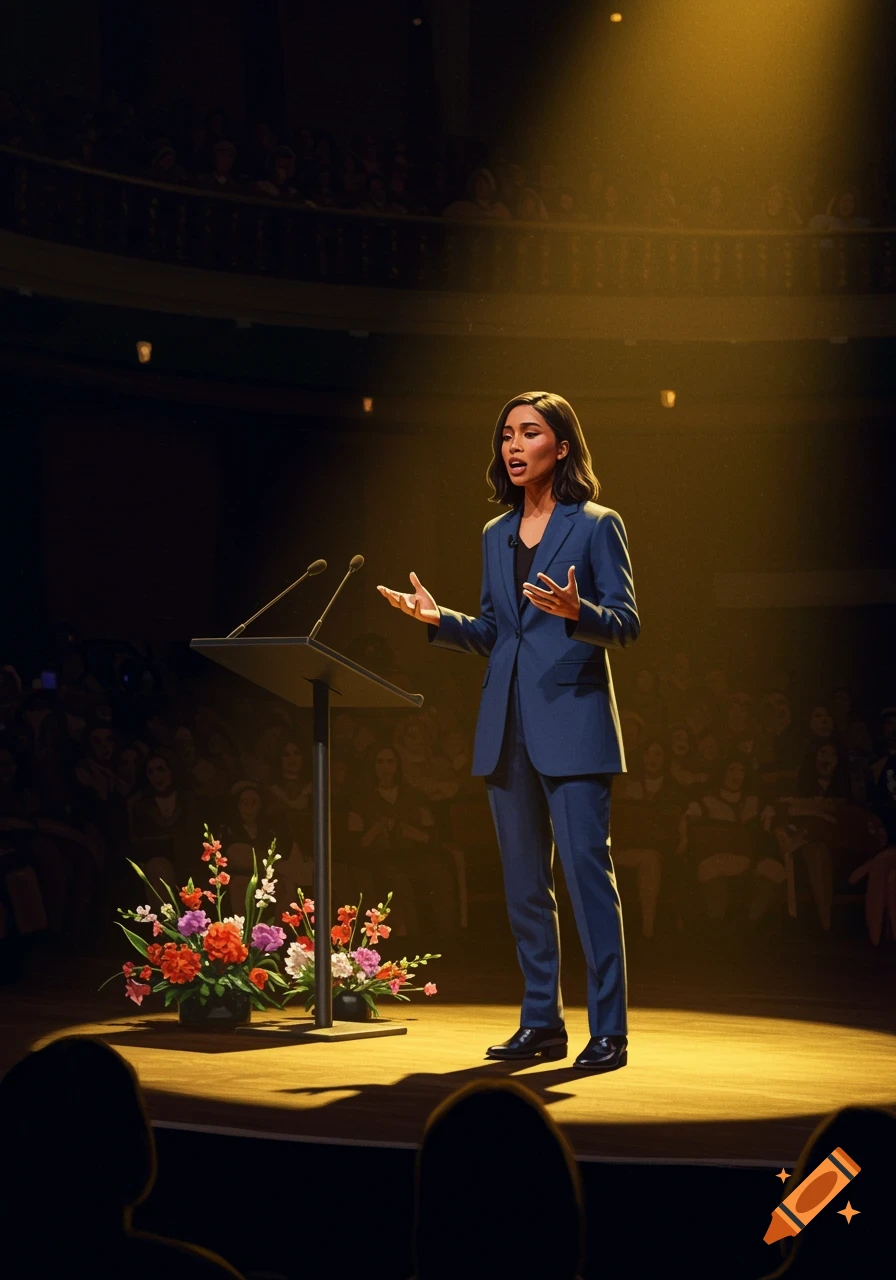 A professional woman in a blue suit speaks at a podium under a spotlight on a stage to an audience in an auditorium.