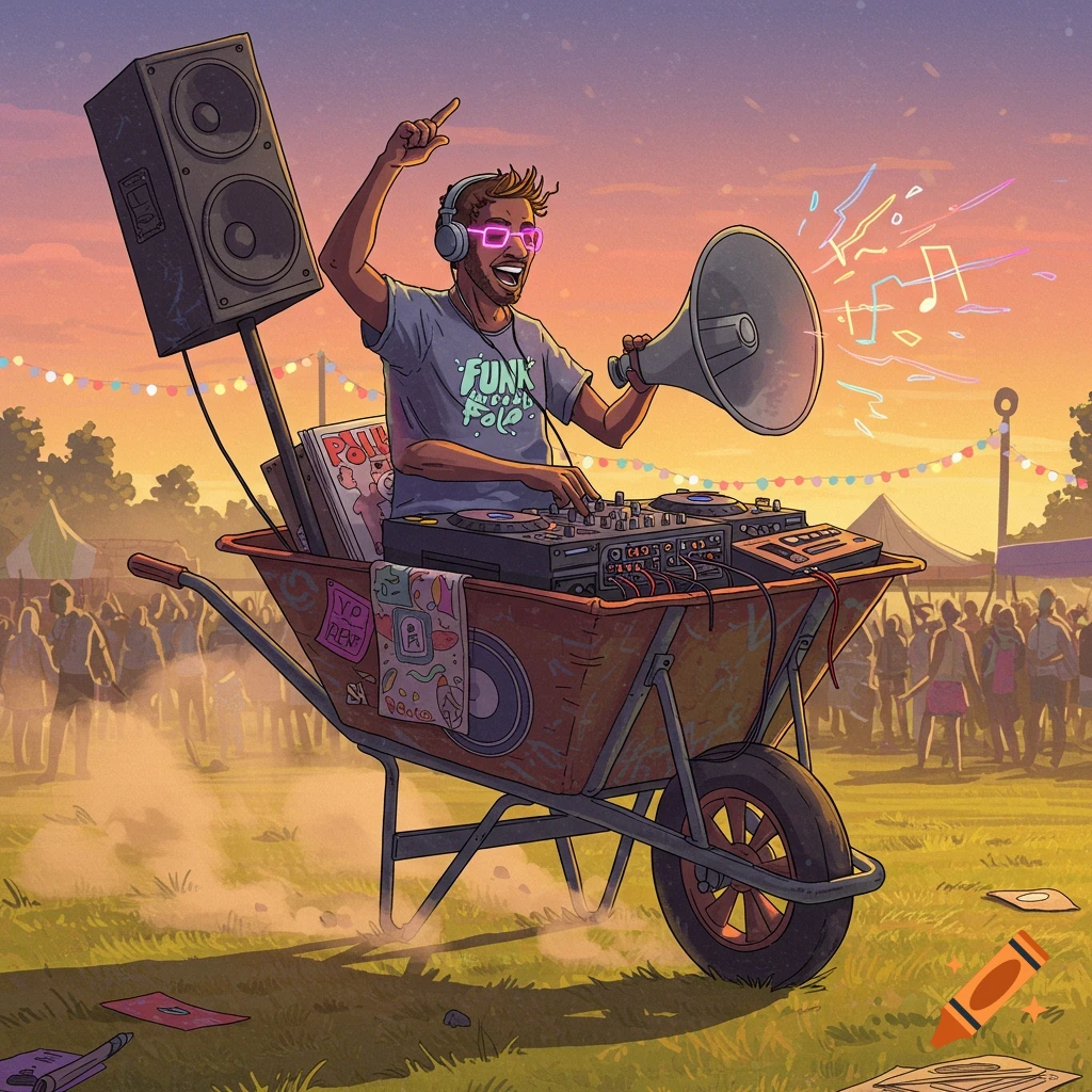 An illustrated DJ with glowing pink glasses and headphones performs in a wheelbarrow at a vibrant outdoor festival, holding a megaphone.
