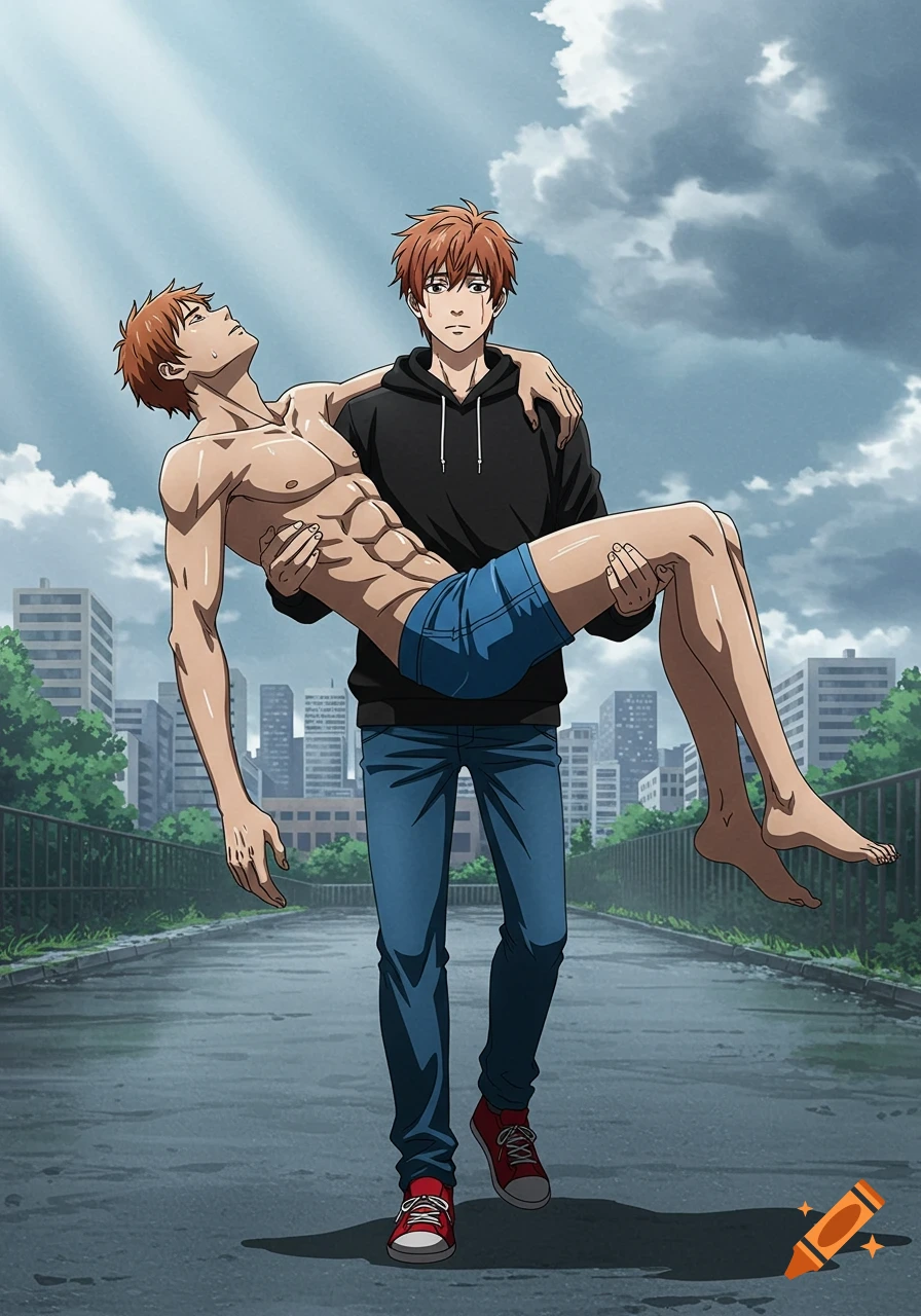 An anime man in a black hoodie carries an unconscious shirtless man in blue briefs down a street.