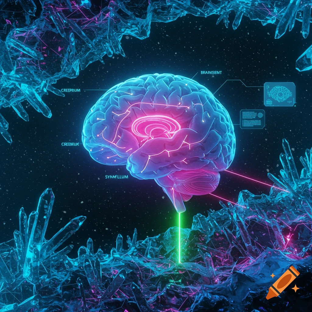 A glowing blue and pink futuristic human brain with neon pathways surrounded by sharp, translucent blue and pink crystals against a dark, starry background.