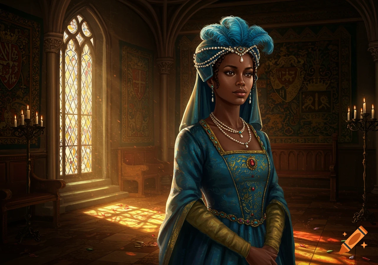 A beautiful dark-skinned woman in a blue medieval gown and feathered headdress stands in a sunlit castle hall.