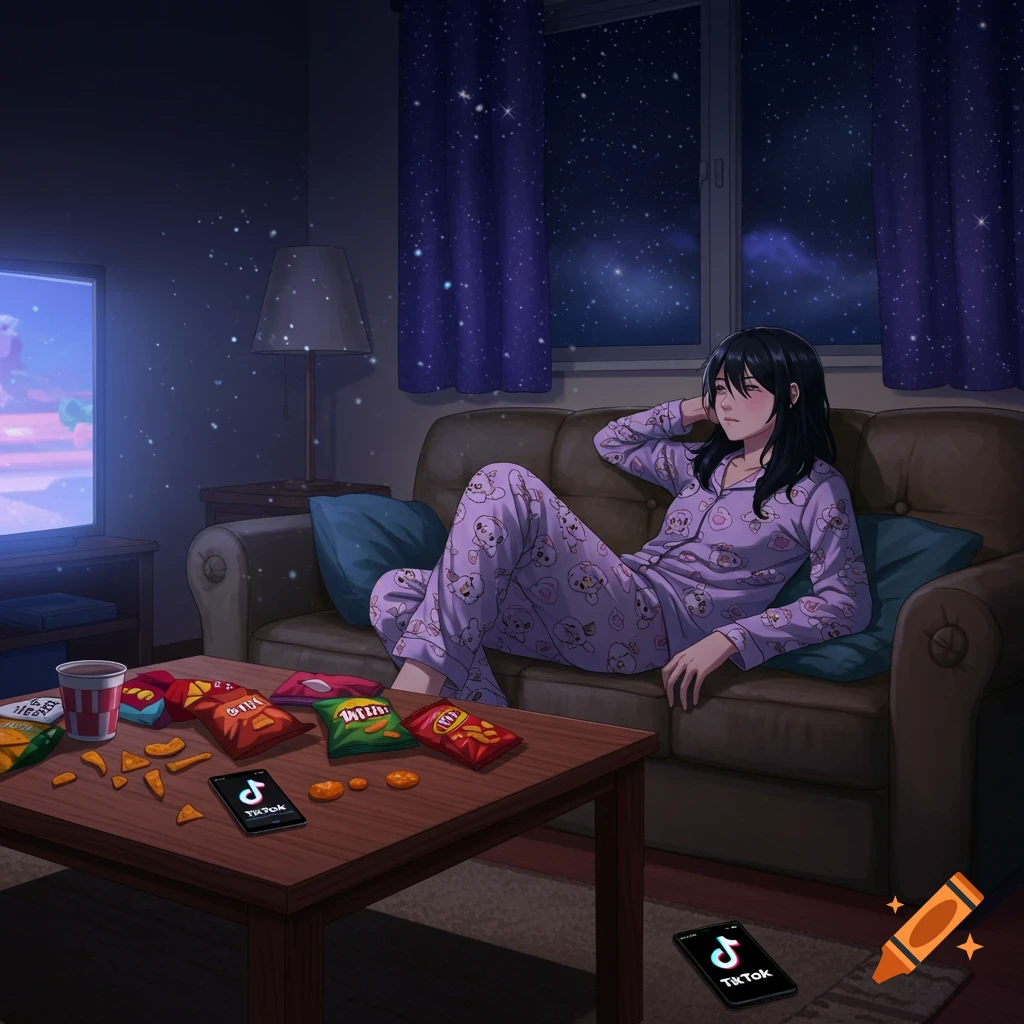 A person in purple pajamas lounges on a couch, watching TV in a cozy, dimly lit room at night. Snacks are on a coffee table, and stars are visible outside the window.