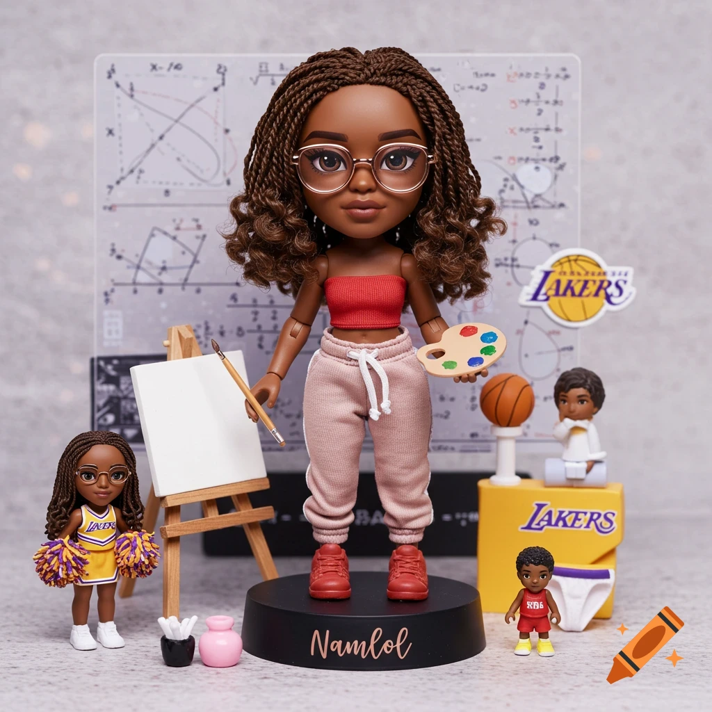 A detailed doll with brown braided hair, glasses, red top, and sweatpants holding an artist's palette and paintbrush. Smaller dolls, an easel, and Lakers team logos are also present, with math equations in the background.