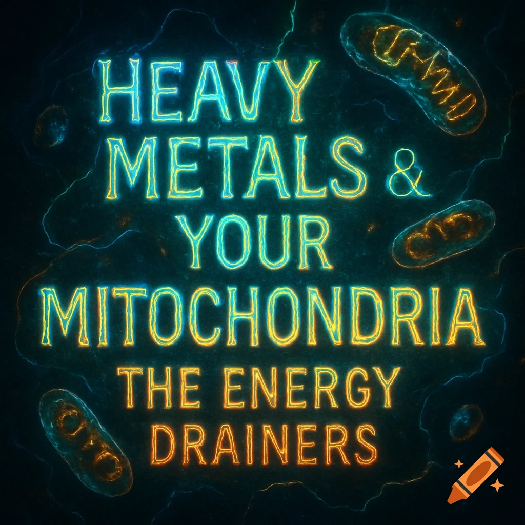 Neon text 'Heavy Metals & Your Mitochondria The Energy Drainers' with glowing mitochondria on a dark abstract background.