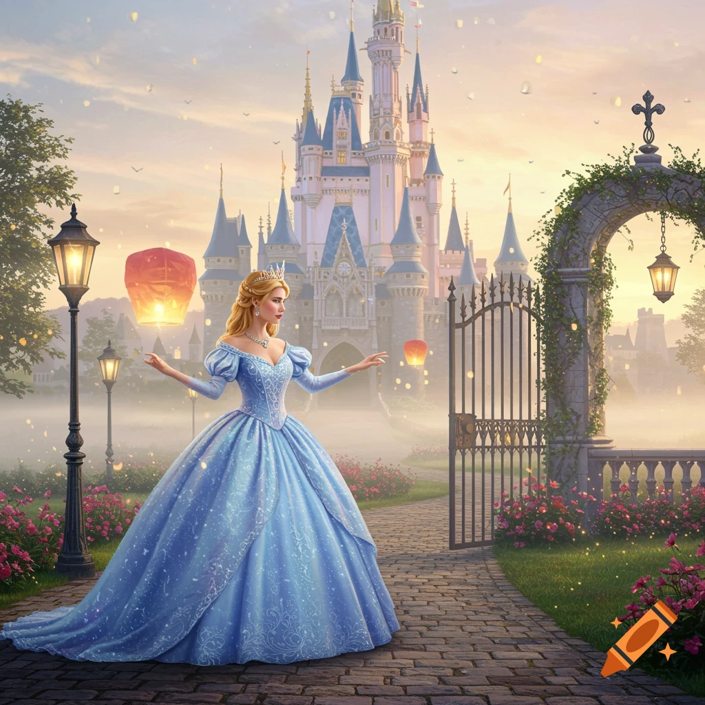 A princess in a blue gown stands before a magical castle at dawn with glowing lanterns floating around her.