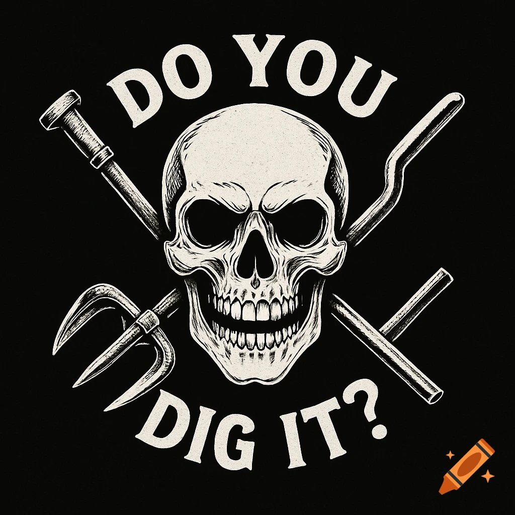 Stylized white skull illustration with crossed digging tools and the text 'DO YOU DIG IT?' on a black background.