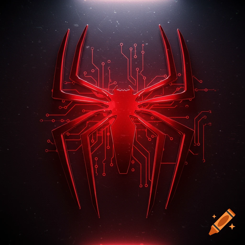 A glowing red metallic Spider-Man logo with integrated circuit board patterns on a dark, textured background.