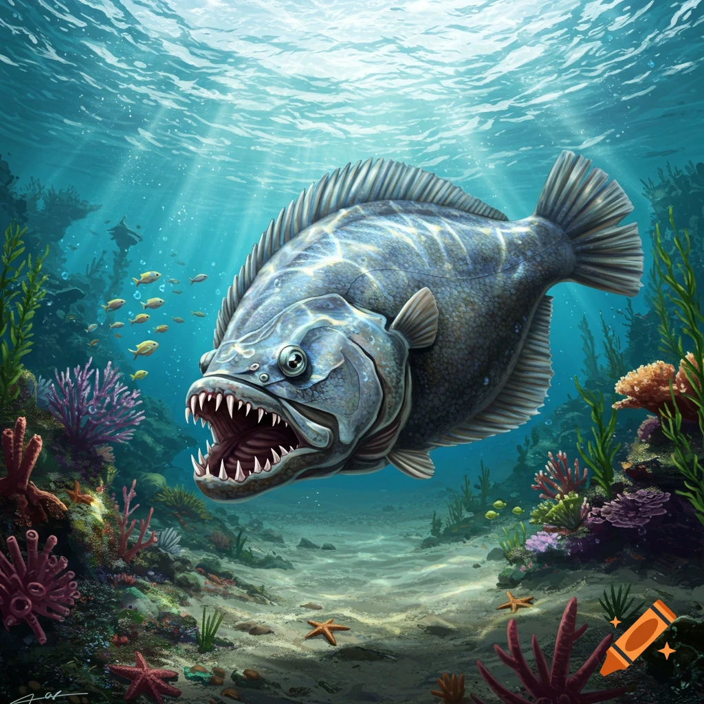 An aggressive-looking flounder with sharp teeth swims in a vibrant underwater coral reef, illuminated by sunrays from above.