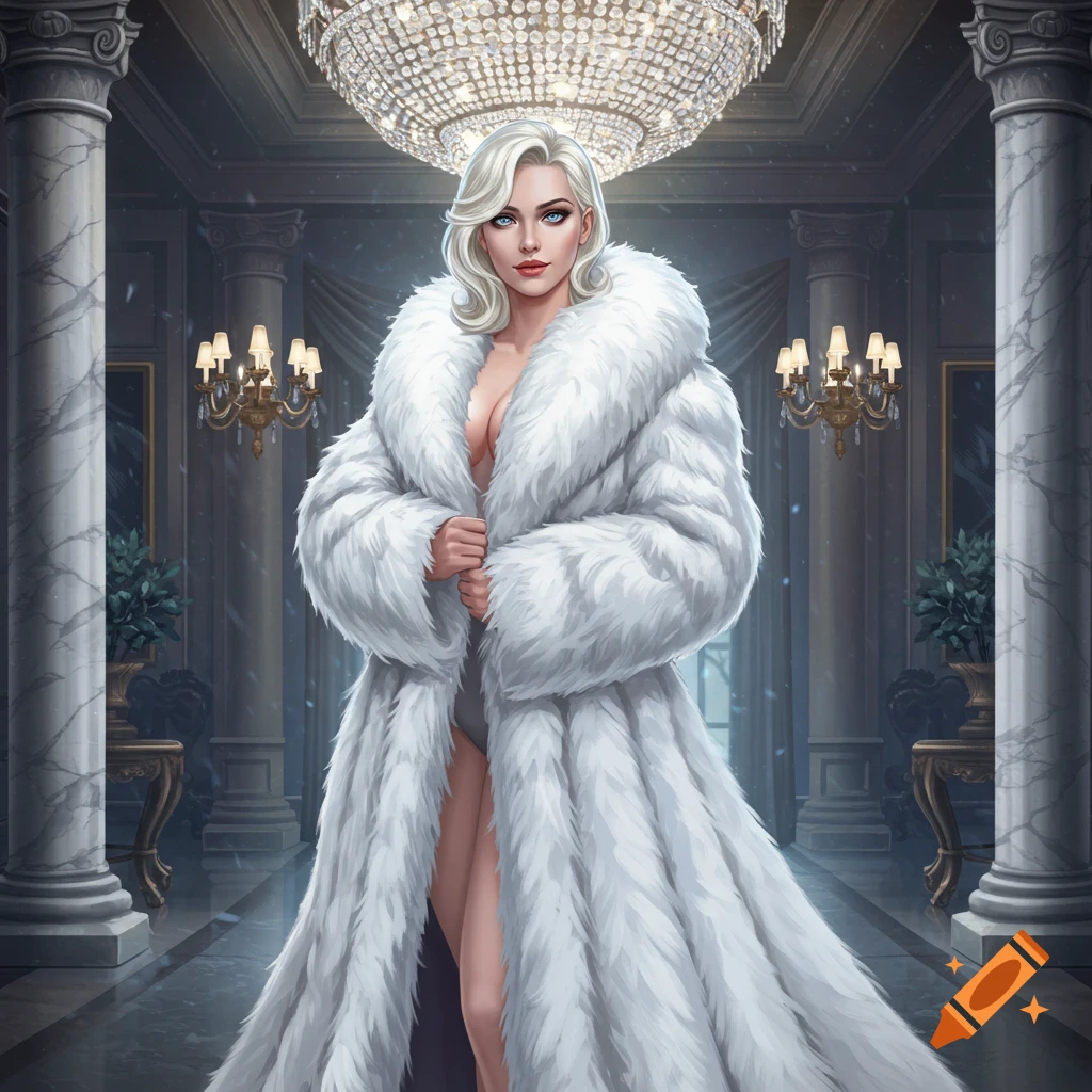 A woman with blonde hair and blue eyes wearing a long white fur coat stands in a grand hall with pillars and chandeliers, in a digital art style.